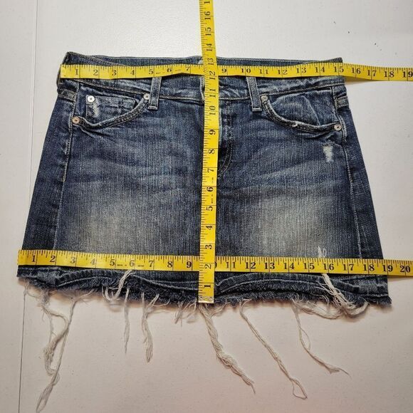 7FAM 7 For All Mankind Y2K Denim Blue Jean Mini Skirt Raw Distressed Hem - Picture 12 of 13